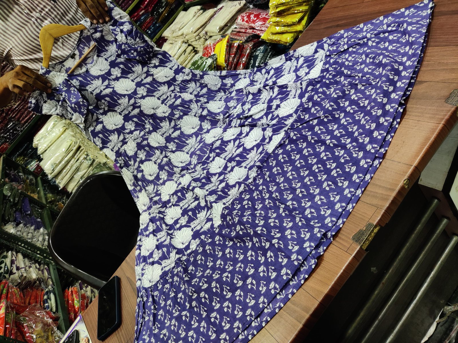 Purple Printed Cotton Midi Gown Dress